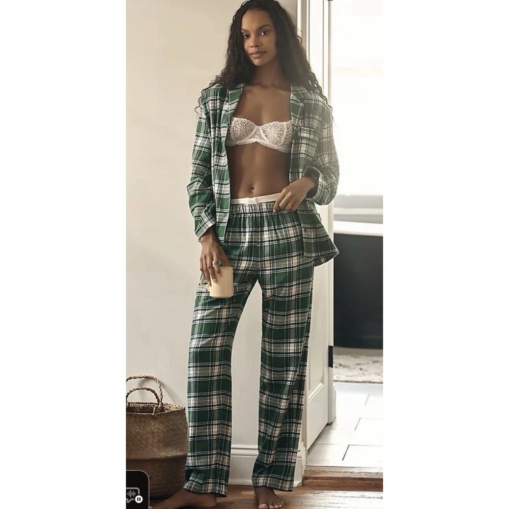 EBERJEY FLANNEL LONG PJ PAJAMAS SET GREEN TARTAN PLAID SHIRT & PANTS WOMENS SZ S